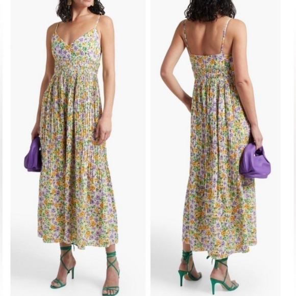 Nicholas Susan Pleated Floral Print A-Line Sleeveless Linen Maxi Cocktail Dress - Picture 2 of 15